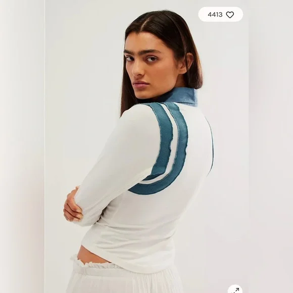 Free People White and Teal Long Sleeve Top - Picture 3 of 10